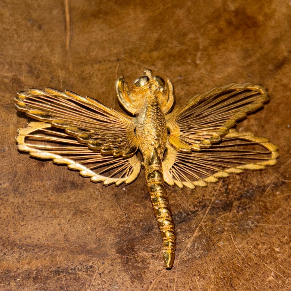 Vintage Monet Dragonfly Brooch | Gold-Tone Insect Pin Nature Cottagecore Jewelry